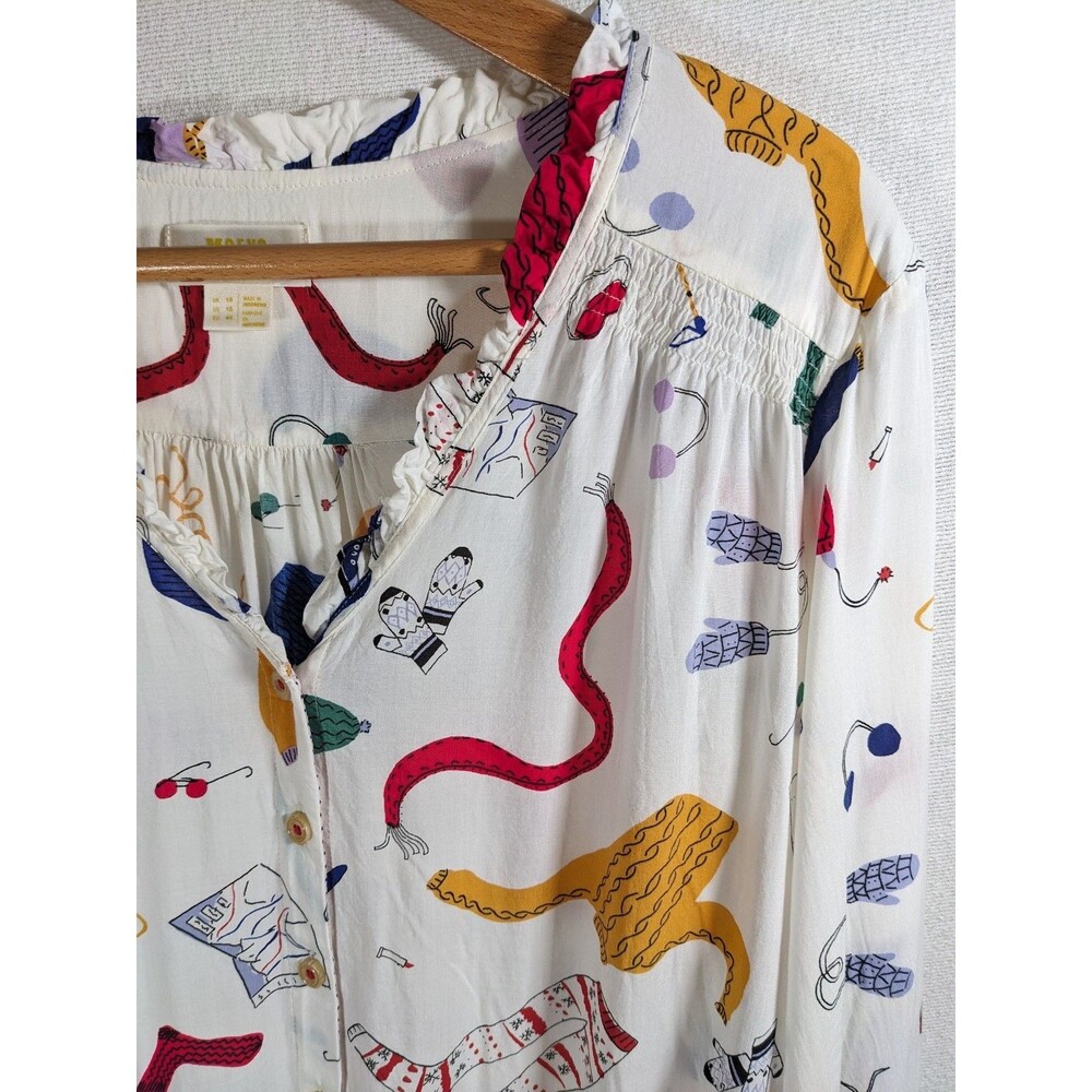 Maeve Anthropologie Marisol Ruffled Blouse Women Size 12 Multicolor Winter Print - Picture 4 of 9